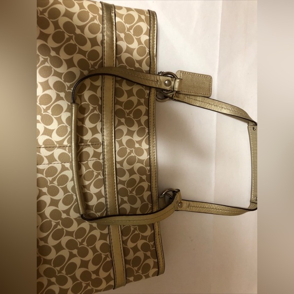 COACH Heritage Signature Stripe Gold Tote Double Handle Handbag Purse - Picture 11 of 16